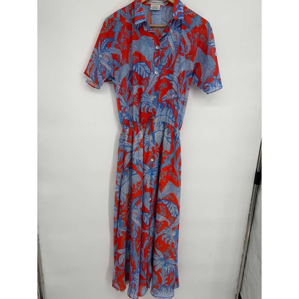 Gretchen Scott Maxi Dress Red Blue Tropical Leaf Floral Coastal Vacation Resort